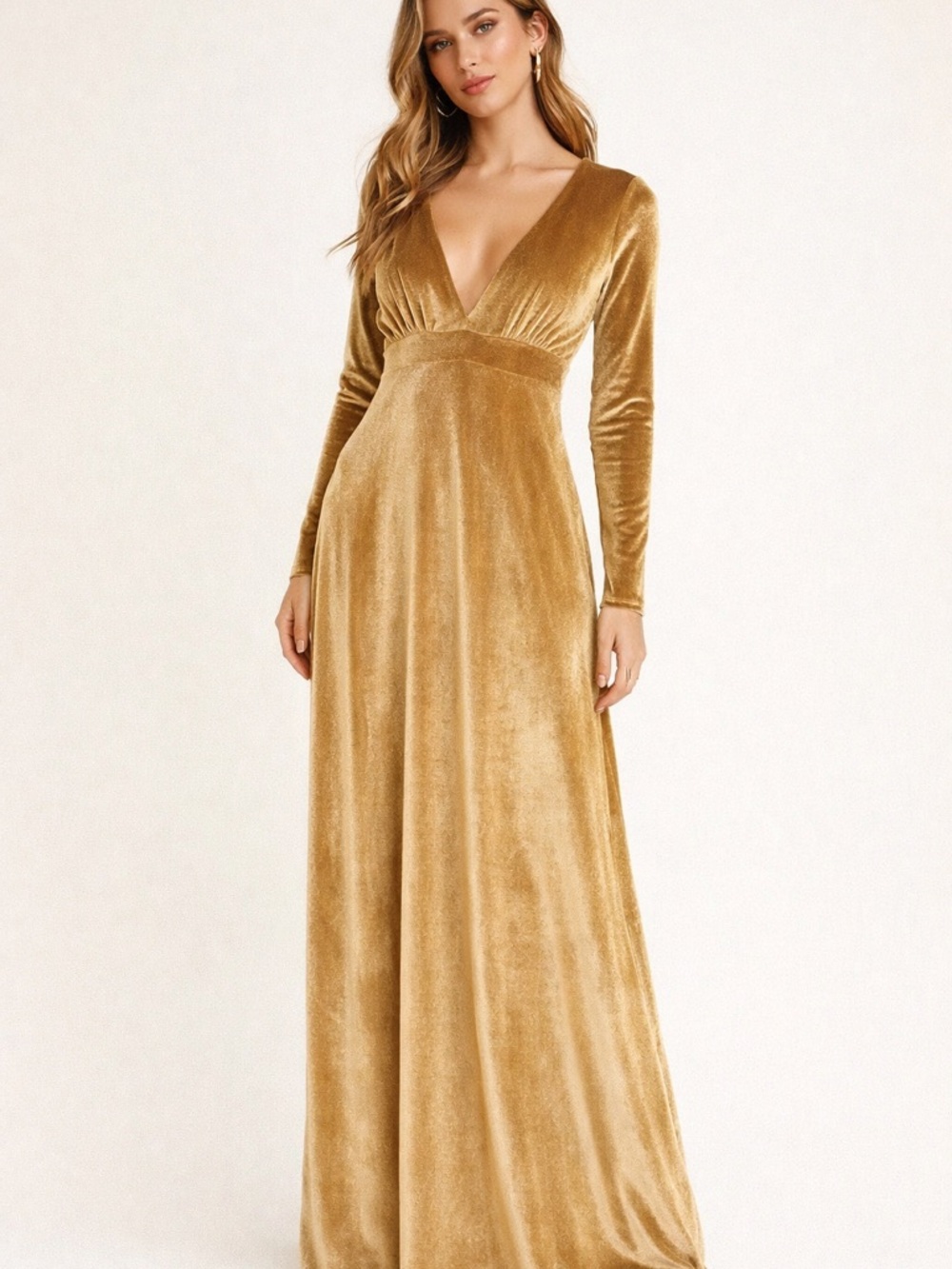 Gold Velvet Stretch Maxi Dress Empire Waist Long Sleeve S Made in USA Glam